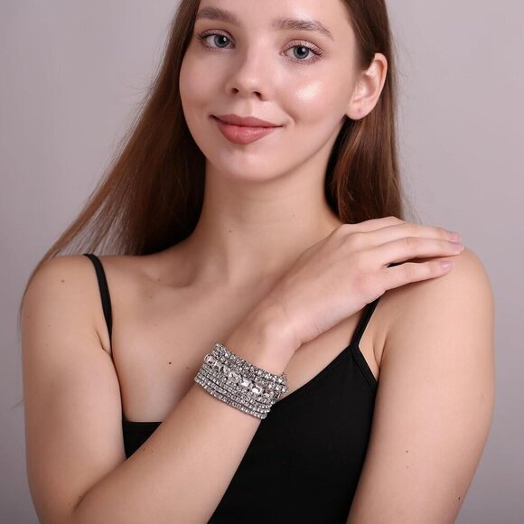 ✨ Winssigma Stretch Bracelets Women Silver Bridal Stackable Rhinestone Jewelry - Picture 2 of 6